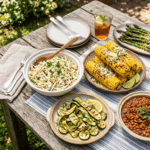 An overhead spread of summer side dishes including coleslaw, grilled corn, baked beans, and roasted potatoes