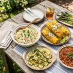 An overhead spread of summer side dishes including coleslaw, grilled corn, baked beans, and roasted potatoes