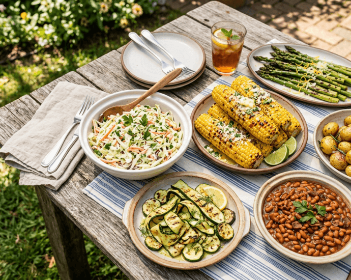 An overhead spread of summer side dishes including coleslaw, grilled corn, baked beans, and roasted potatoes