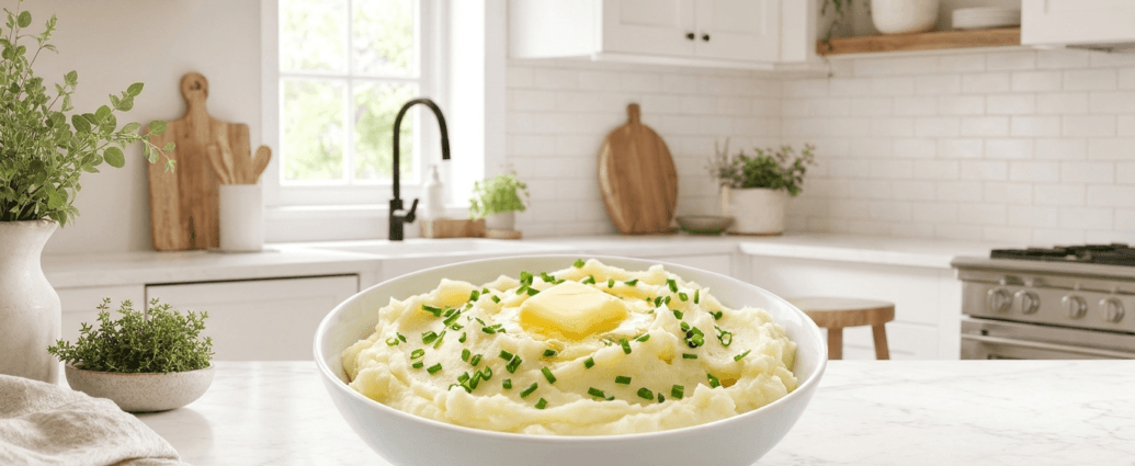 A white bowl of creamy Instant Pot mashed potatoes topped with melting butter and chives
