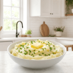 A white bowl of creamy Instant Pot mashed potatoes topped with melting butter and chives