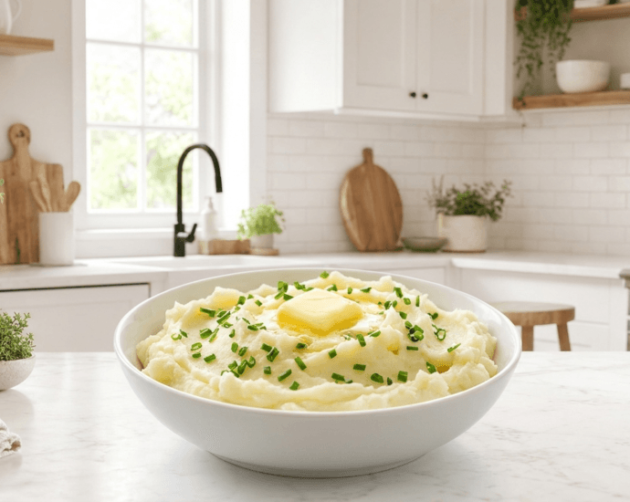A white bowl of creamy Instant Pot mashed potatoes topped with melting butter and chives