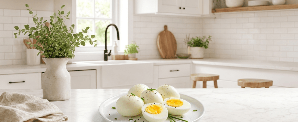Peeled Instant Pot hard boiled eggs, some halved to show set yolks, on a white plate