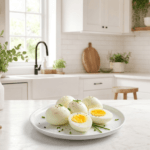 Peeled Instant Pot hard boiled eggs, some halved to show set yolks, on a white plate