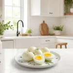 Peeled Instant Pot hard boiled eggs, some halved to show set yolks, on a white plate