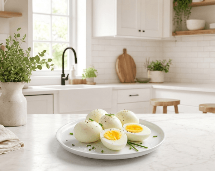 Peeled Instant Pot hard boiled eggs, some halved to show set yolks, on a white plate