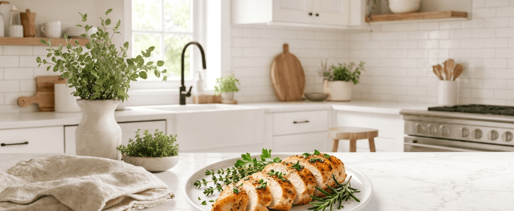 Sliced juicy Instant Pot chicken breast garnished with herbs on a white plate