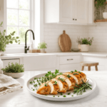 Sliced juicy Instant Pot chicken breast garnished with herbs on a white plate