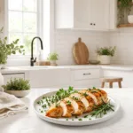 Sliced juicy Instant Pot chicken breast garnished with herbs on a white plate