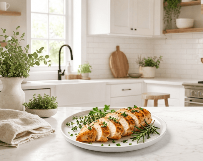 Sliced juicy Instant Pot chicken breast garnished with herbs on a white plate
