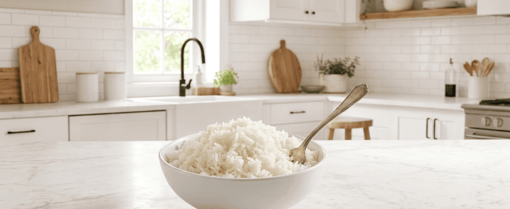 A white bowl of fluffy Instant Pot white rice with a fork on a marble counter