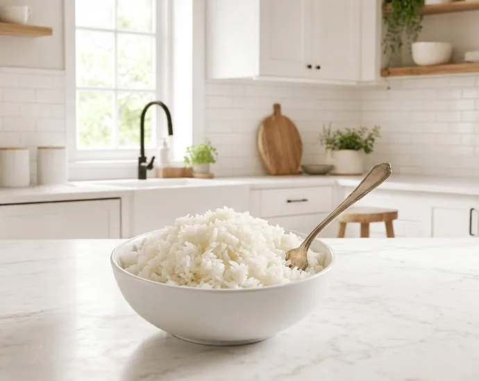 A white bowl of fluffy Instant Pot white rice with a fork on a marble counter