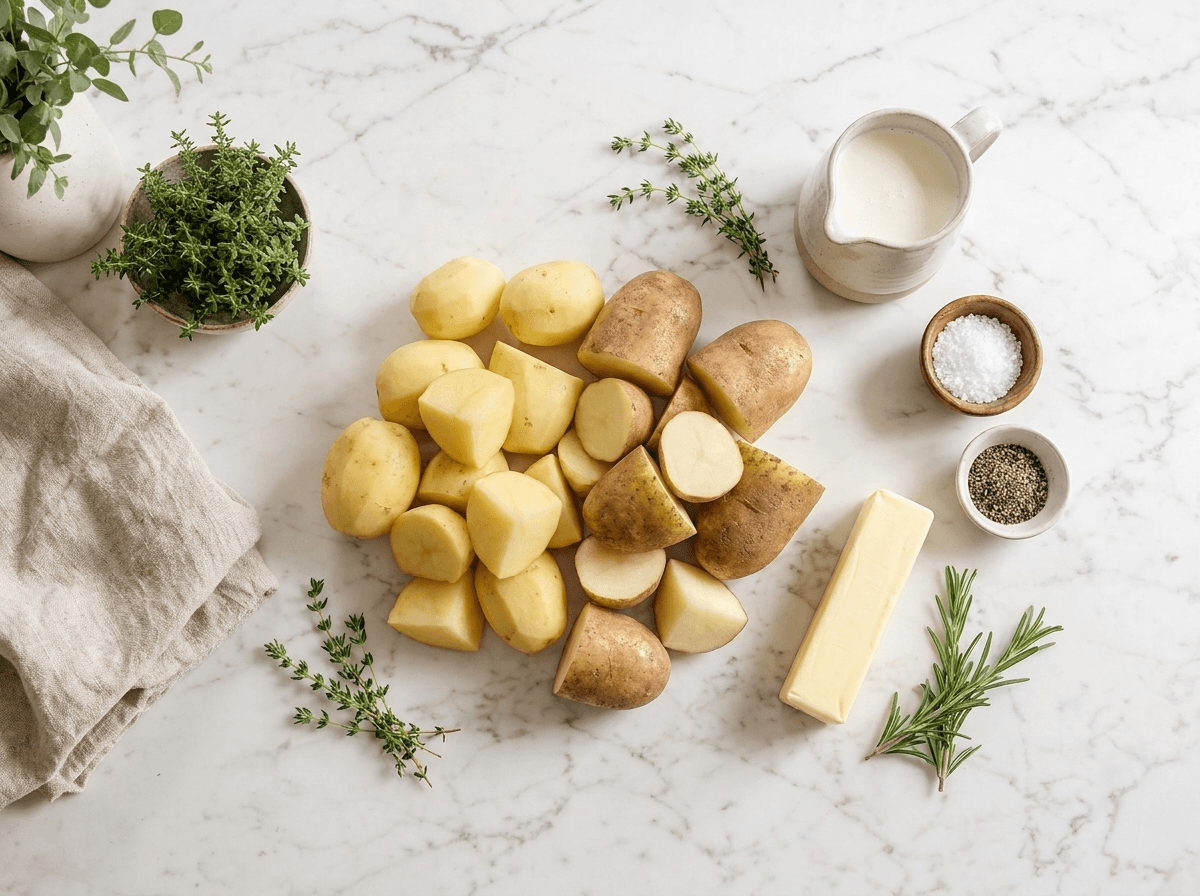 Ingredients for Instant Pot mashed potatoes: potatoes, butter, cream, salt and pepper