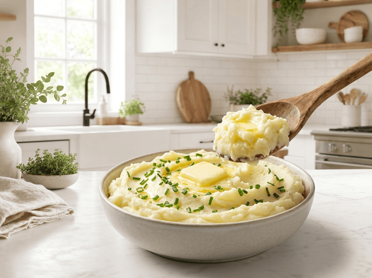 A bowl of creamy Instant Pot mashed potatoes with butter and chives, a spoon lifting a portion