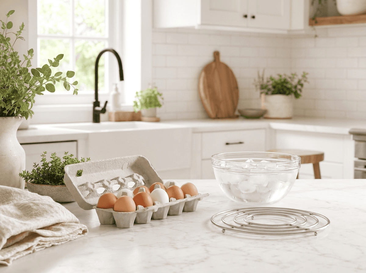 Fresh eggs, a bowl of ice water, and a trivet for Instant Pot hard boiled eggs