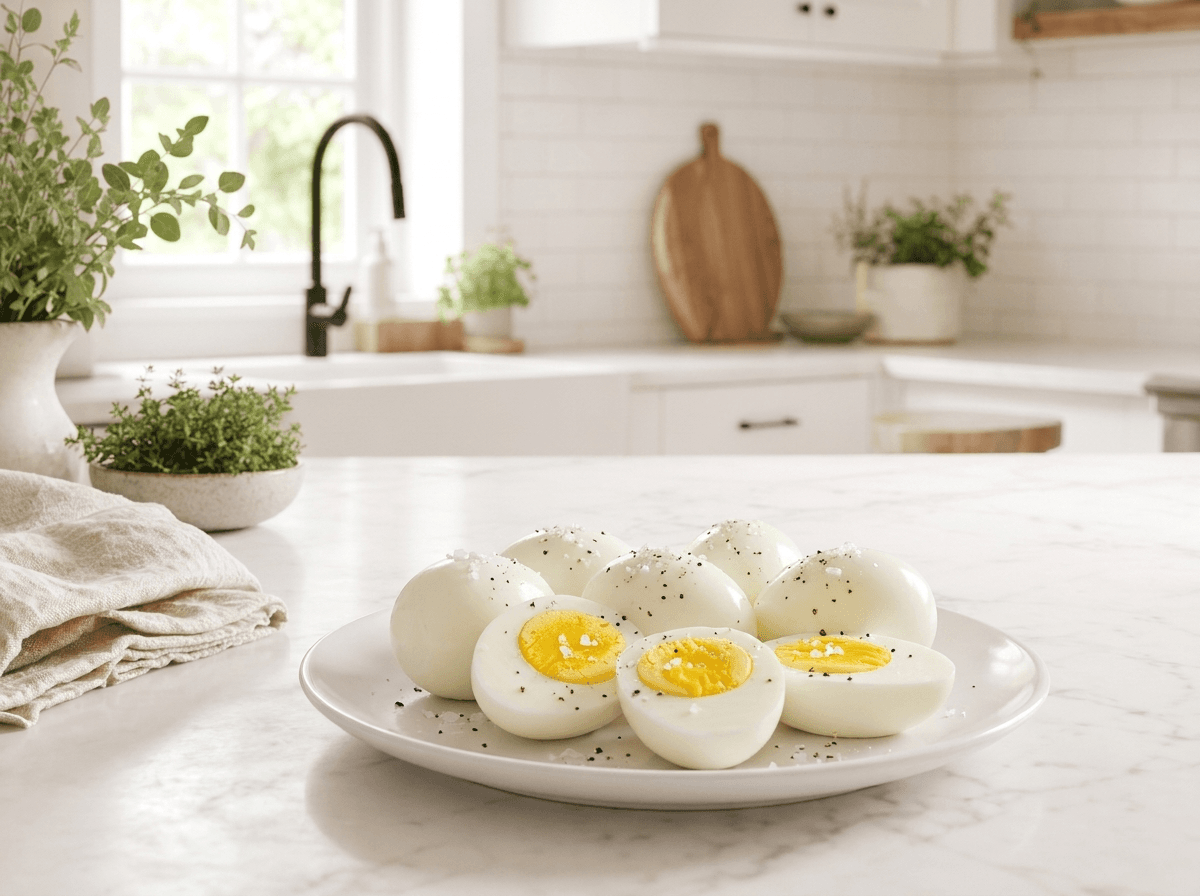 Peeled Instant Pot hard boiled eggs, some halved to show set yolks, with salt and pepper