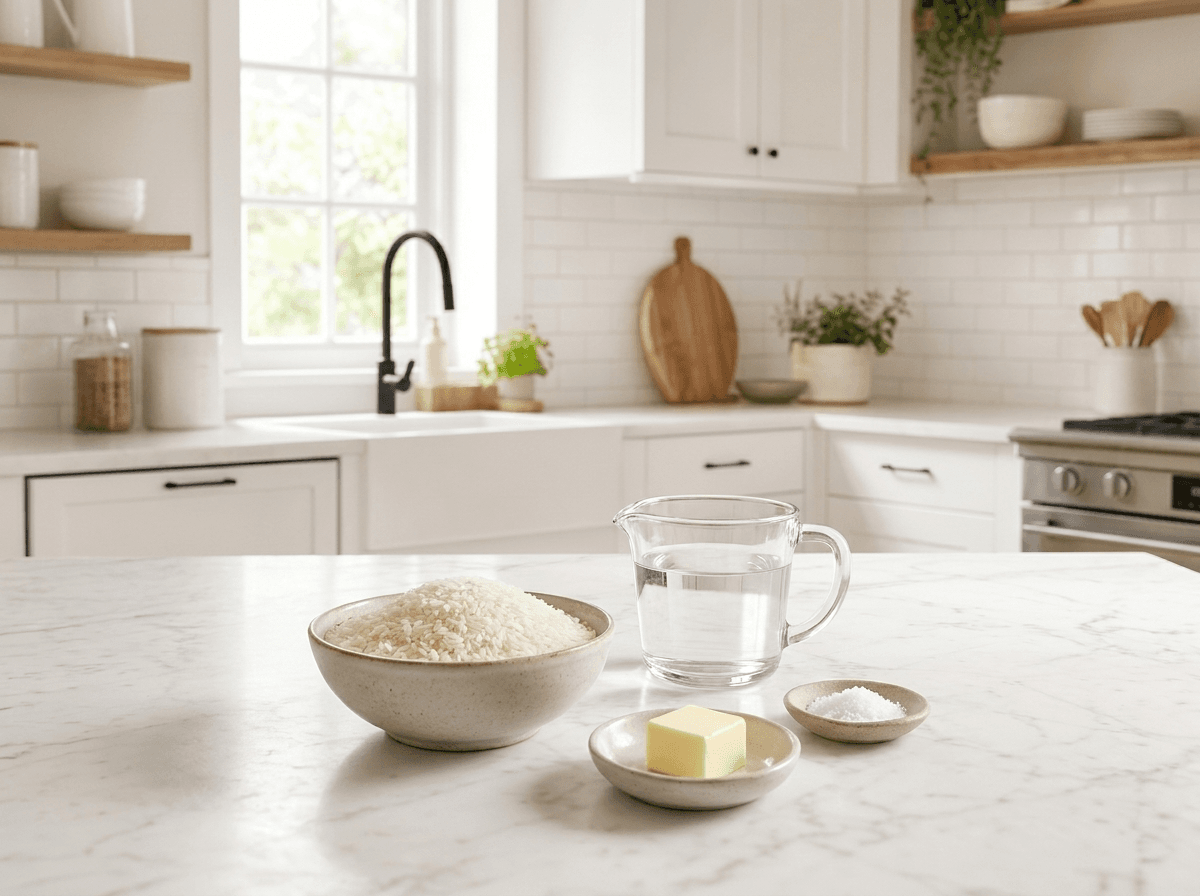 Ingredients for Instant Pot rice: uncooked jasmine rice, water, butter and salt