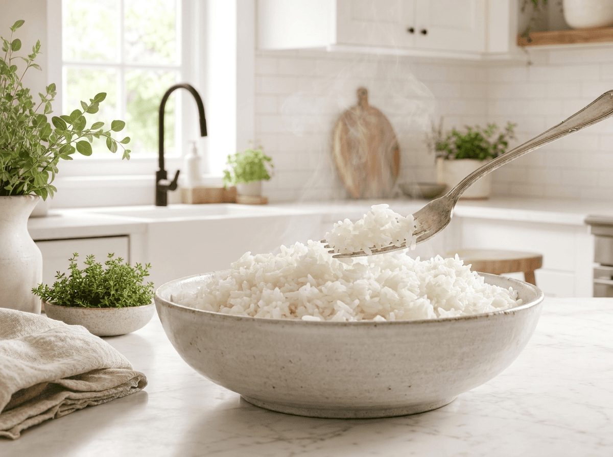 A bowl of fluffy cooked Instant Pot white rice being fluffed with a fork