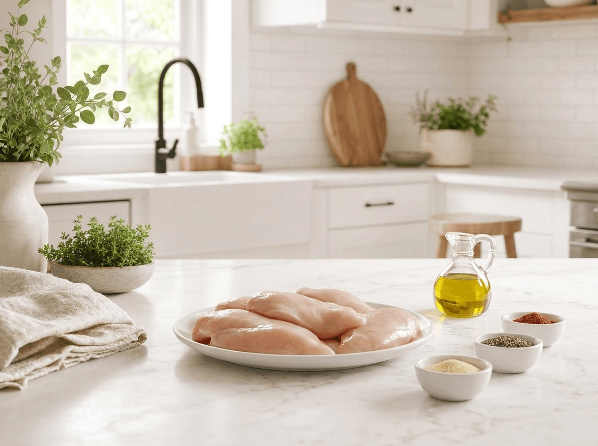 Raw chicken breasts with seasonings and olive oil for Instant Pot chicken breast