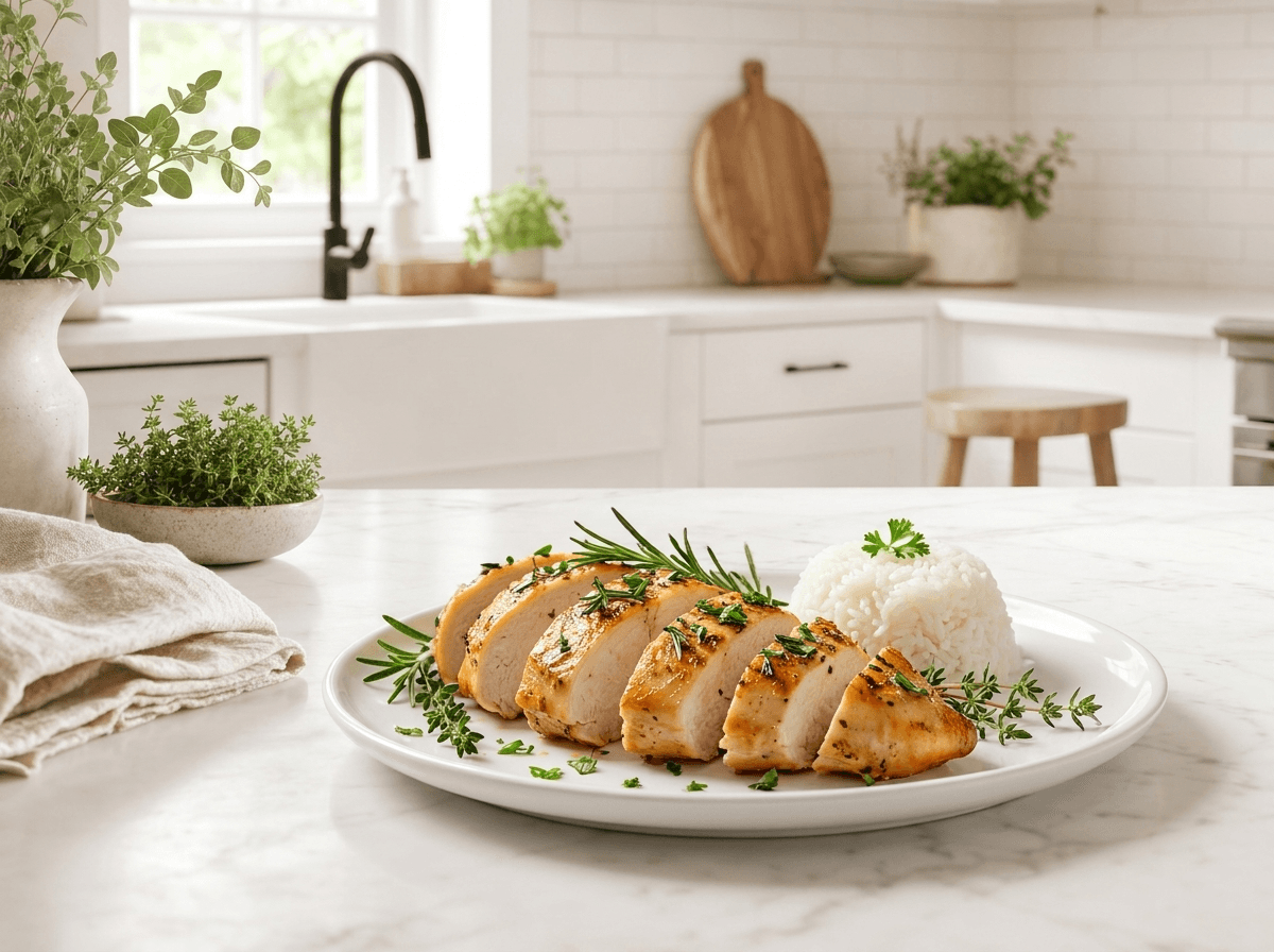 Sliced juicy Instant Pot chicken breast with herbs and a side of rice