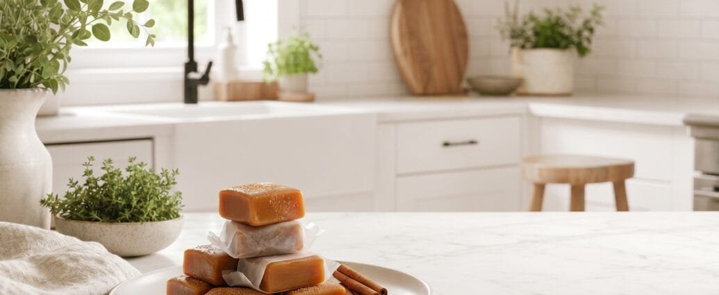 Soft homemade gingerbread spiced caramels partly wrapped in wax paper, stacked on a white plate with a cinnamon stick