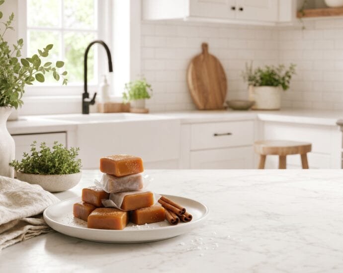 Soft homemade gingerbread spiced caramels partly wrapped in wax paper, stacked on a white plate with a cinnamon stick