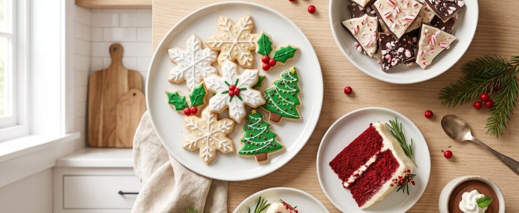 An assortment of Christmas desserts including decorated sugar cookies, peppermint bark, red velvet cake, and chocolate mousse on a holiday table