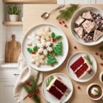 An assortment of Christmas desserts including decorated sugar cookies, peppermint bark, red velvet cake, and chocolate mousse on a holiday table