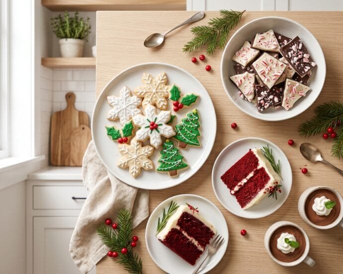 An assortment of Christmas desserts including decorated sugar cookies, peppermint bark, red velvet cake, and chocolate mousse on a holiday table