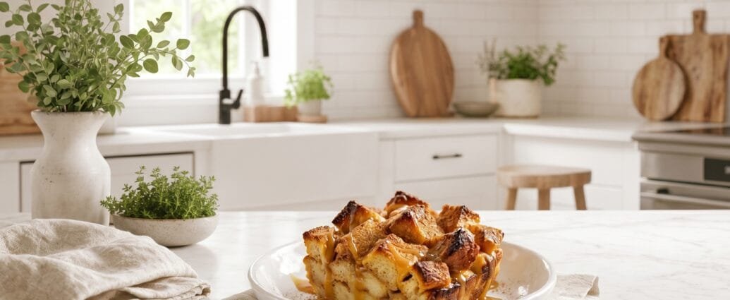 Warm Instant Pot bread pudding with a golden caramelized top drizzled with caramel sauce in a white ceramic dish