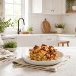 Warm Instant Pot bread pudding with a golden caramelized top drizzled with caramel sauce in a white ceramic dish