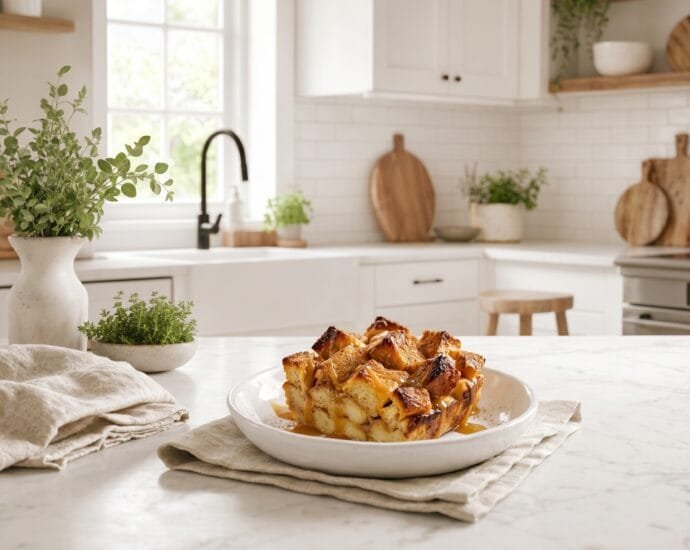 Warm Instant Pot bread pudding with a golden caramelized top drizzled with caramel sauce in a white ceramic dish