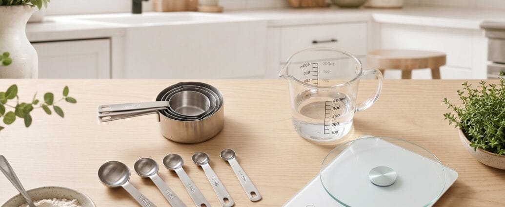 Kitchen measuring tools flat lay with measuring cups, spoons and a digital kitchen scale on a light wood counter