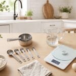 Kitchen measuring tools flat lay with measuring cups, spoons and a digital kitchen scale on a light wood counter
