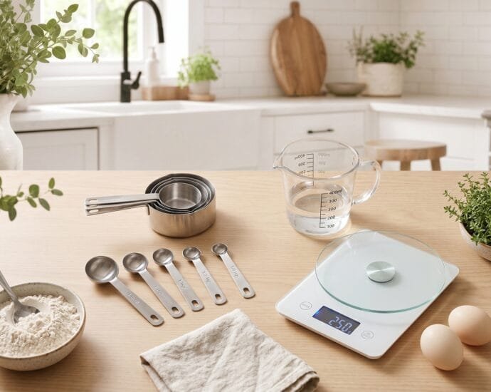 Kitchen measuring tools flat lay with measuring cups, spoons and a digital kitchen scale on a light wood counter