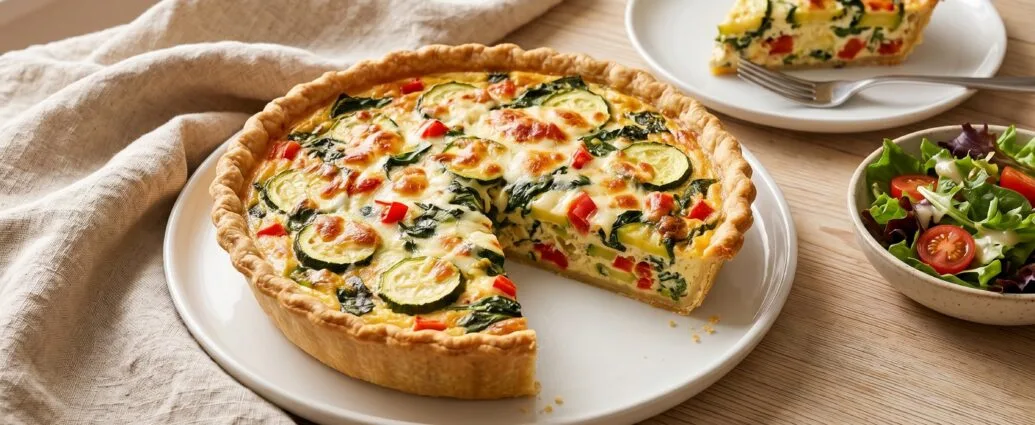Garden vegetable quiche with zucchini, bell pepper, spinach and cheese in a golden crust, one slice removed