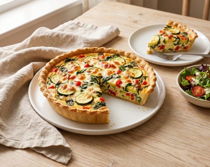Garden vegetable quiche with zucchini, bell pepper, spinach and cheese in a golden crust, one slice removed