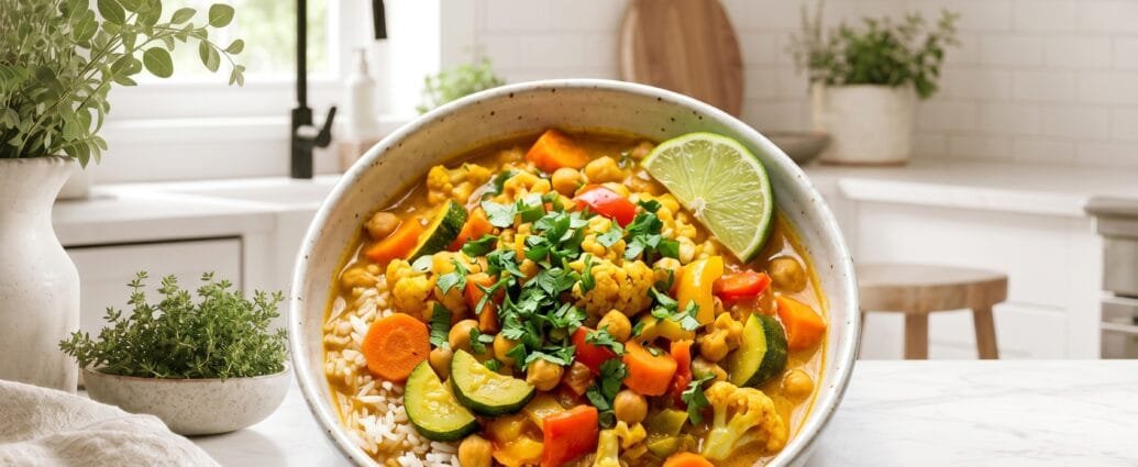 Instant Pot vegetable curry with chickpeas, carrots, cauliflower and bell pepper in a golden coconut sauce served over rice with cilantro and lime
