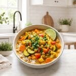 Instant Pot vegetable curry with chickpeas, carrots, cauliflower and bell pepper in a golden coconut sauce served over rice with cilantro and lime
