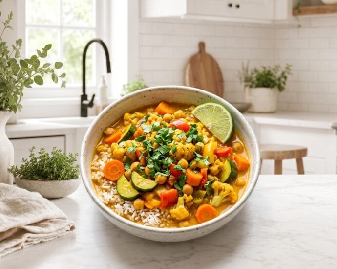 Instant Pot vegetable curry with chickpeas, carrots, cauliflower and bell pepper in a golden coconut sauce served over rice with cilantro and lime