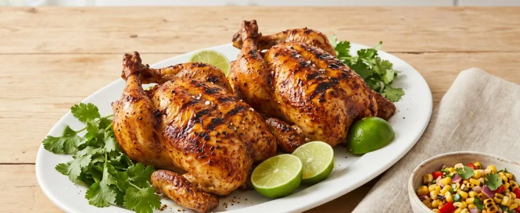 Two chipotle lime grilled Cornish hens with charred crispy skin, cilantro and lime wedges on a white platter