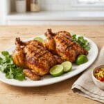 Two chipotle lime grilled Cornish hens with charred crispy skin, cilantro and lime wedges on a white platter