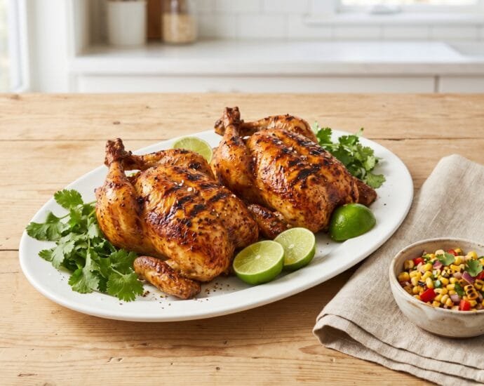 Two chipotle lime grilled Cornish hens with charred crispy skin, cilantro and lime wedges on a white platter