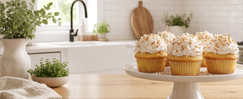 Toasted coconut snowball cupcakes topped with swirled buttercream rolled in golden toasted coconut on a white cake stand