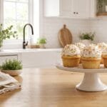 Toasted coconut snowball cupcakes topped with swirled buttercream rolled in golden toasted coconut on a white cake stand