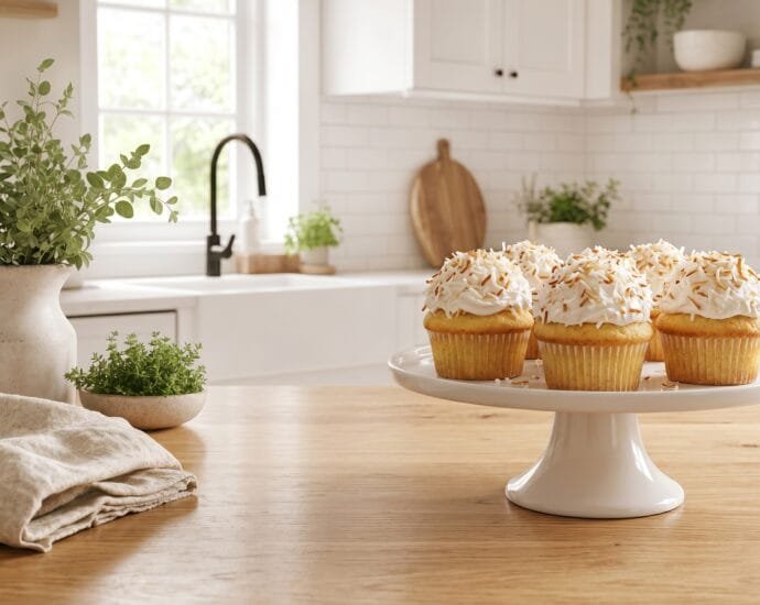 Toasted coconut snowball cupcakes topped with swirled buttercream rolled in golden toasted coconut on a white cake stand