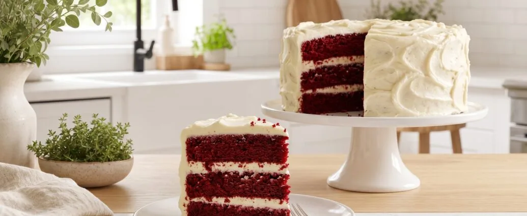 Slice of moist red velvet cake with tangy cream cheese frosting showing deep crimson crumb on a white plate