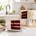 Slice of moist red velvet cake with tangy cream cheese frosting showing deep crimson crumb on a white plate