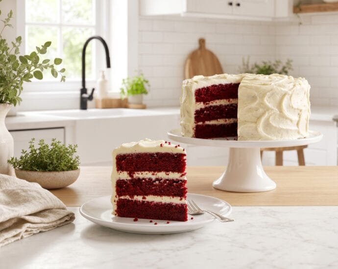 Slice of moist red velvet cake with tangy cream cheese frosting showing deep crimson crumb on a white plate