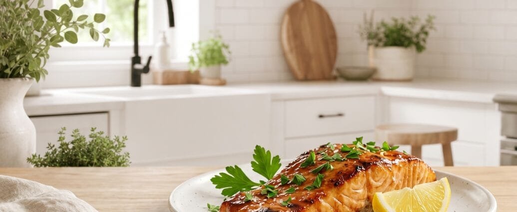 Maple glazed salmon fillet with a sticky caramelized maple glaze, parsley, and lemon on a white plate